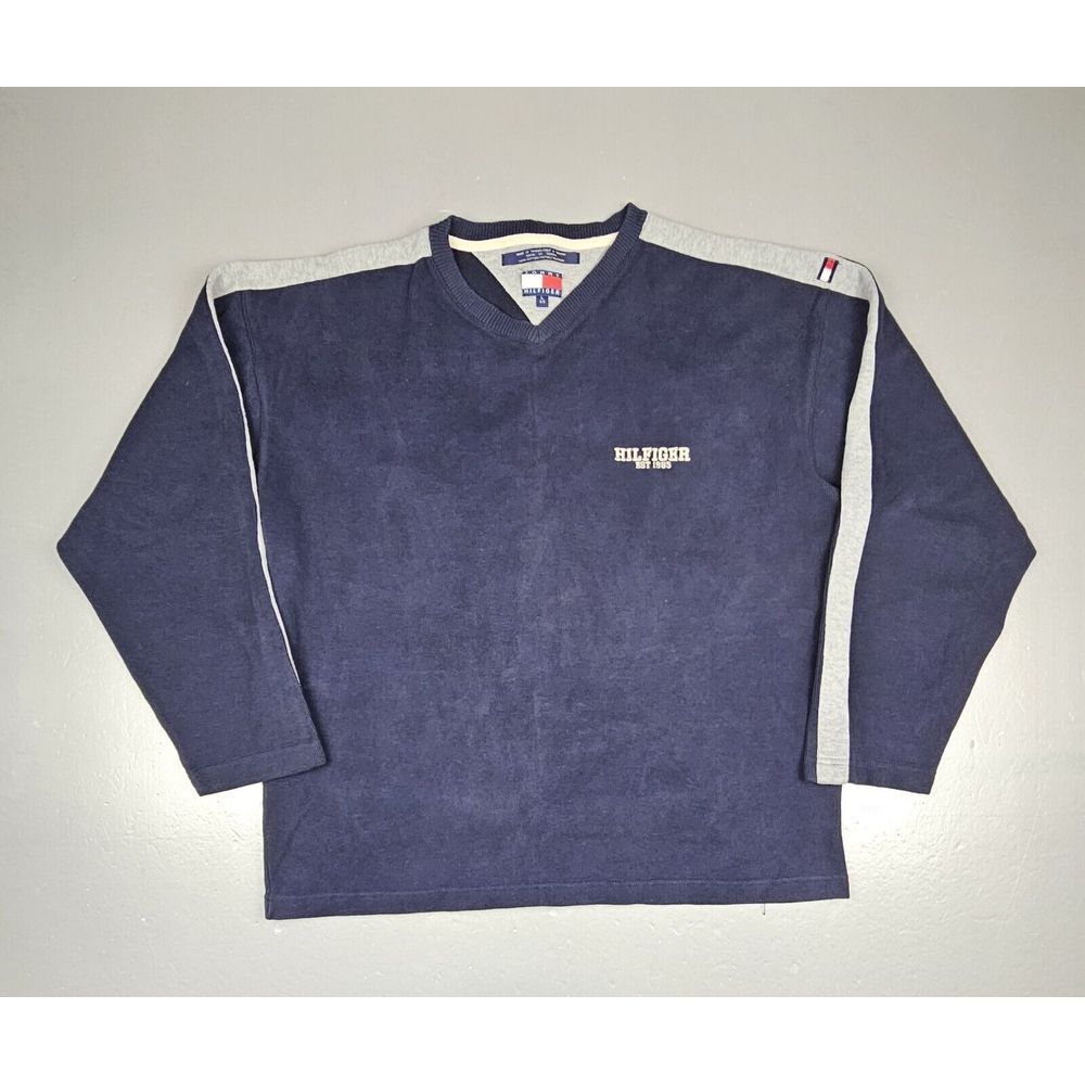 Tommy Hilfiger Sweater Mens Large. Blue White Logo Pullover Y2K Sweatshirt